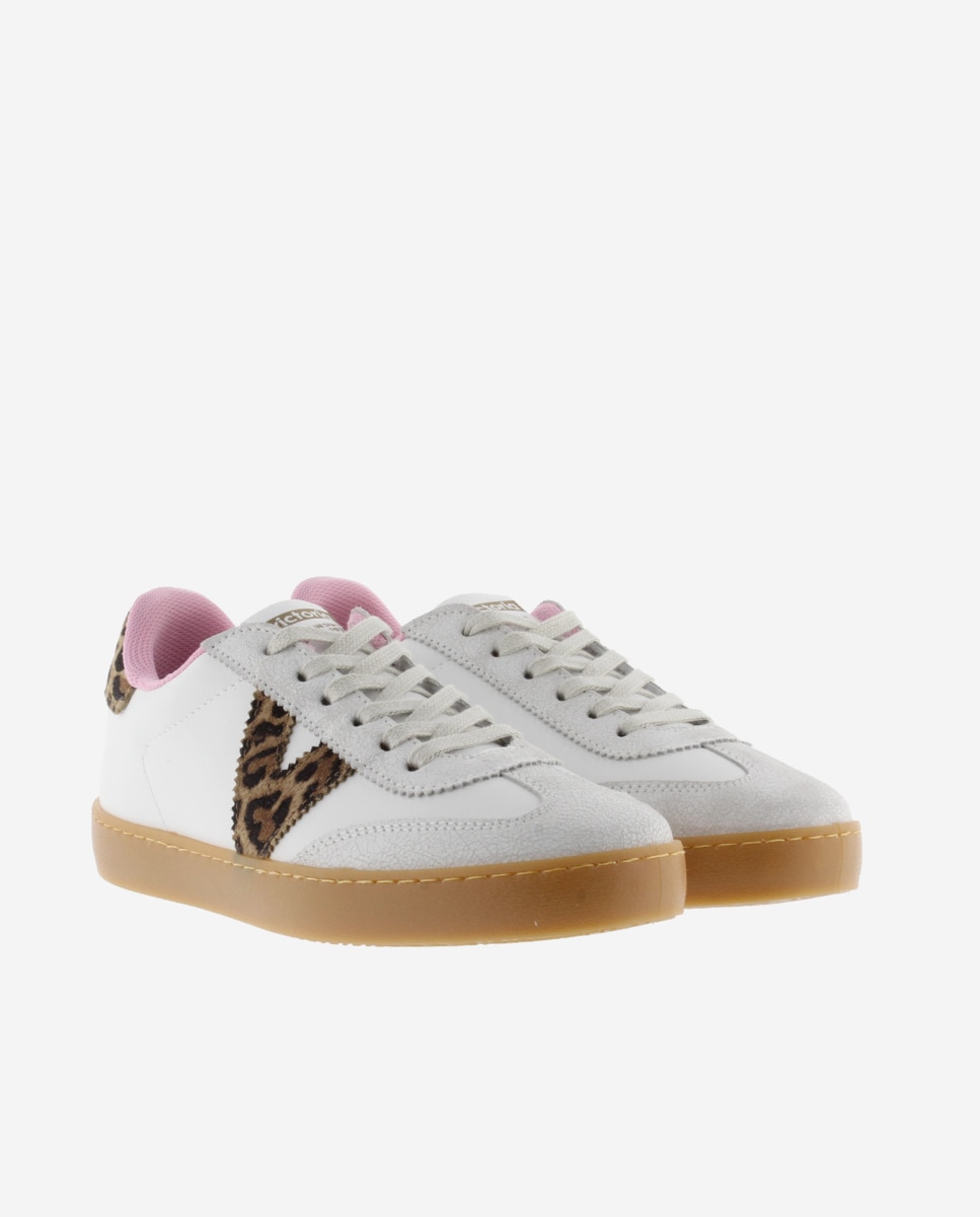 Zapatillas deportivas de mujer con piezas de serraje y animal print y suela caramelo - Victoria - Blanco hielo Blanco hielo-5