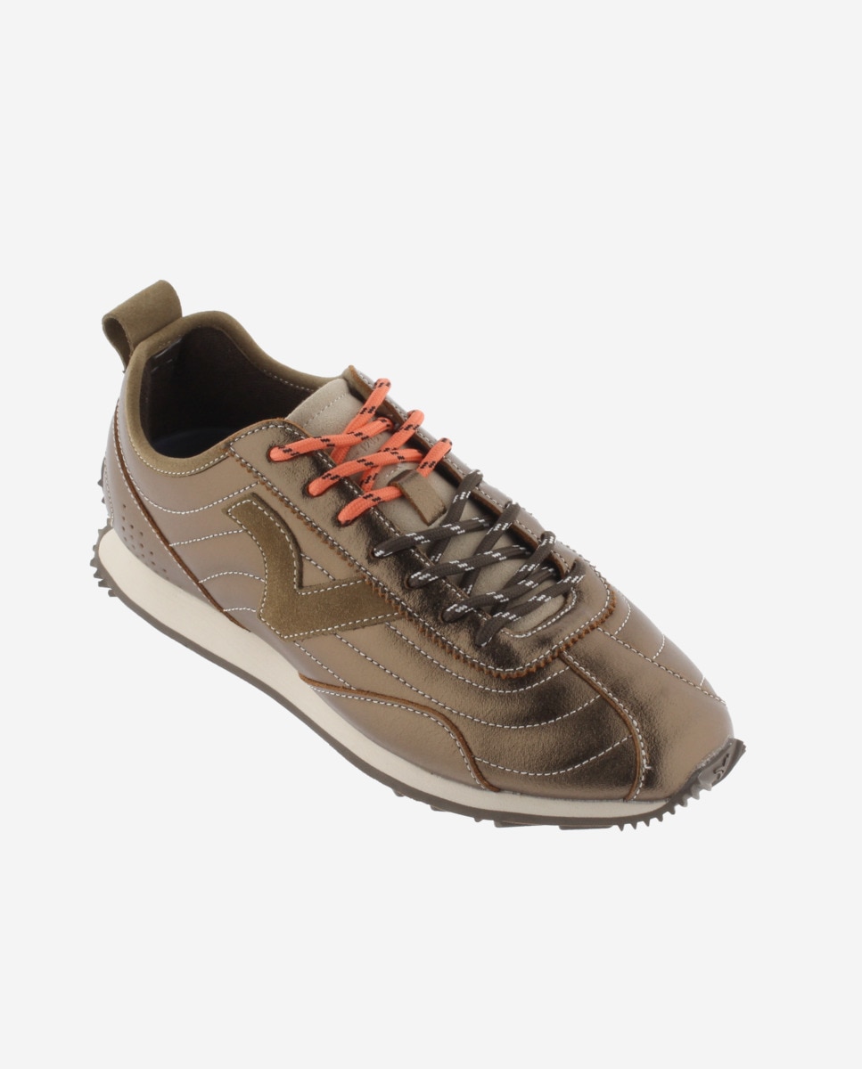 Zapatillas deportivas de mujer de piel metalizada con pespuntes a contraste - Victoria - Bronce Bronce-3