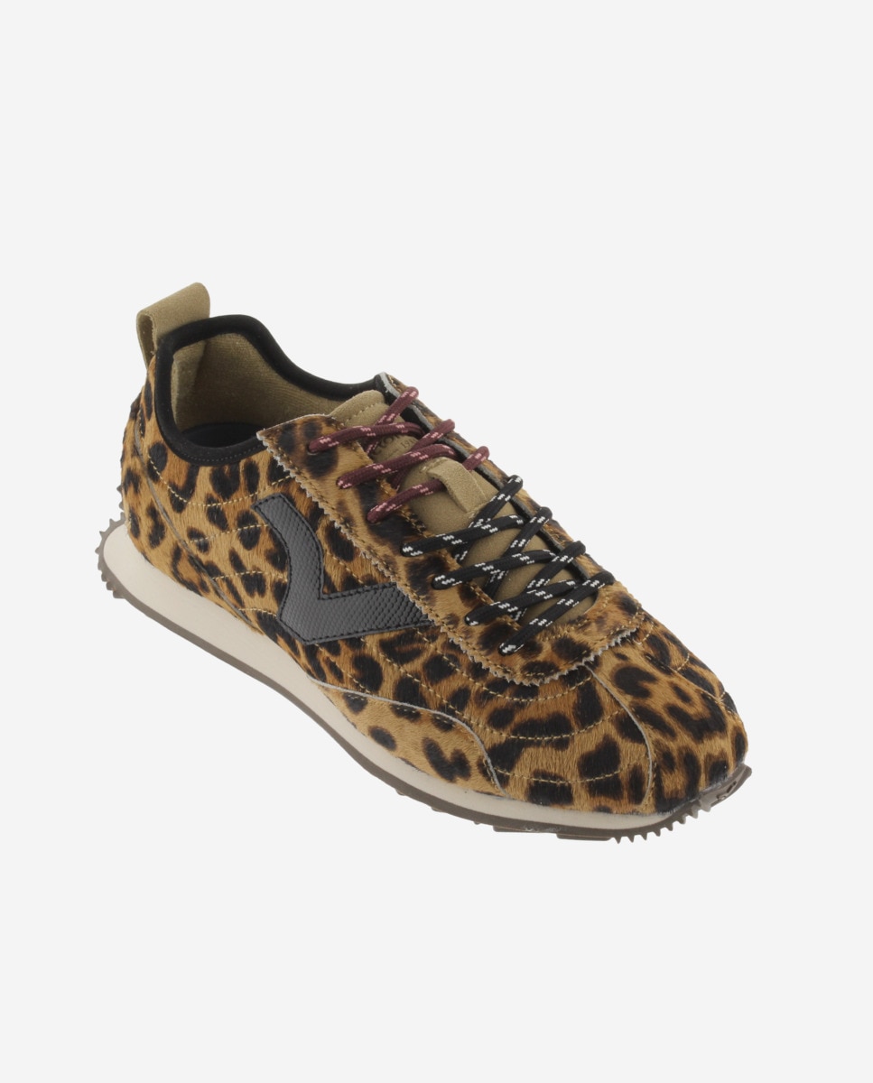 Imagen 3 de Zapatillas deportivas de mujer de piel con pelo animal print y logotipo metalizado - Victoria - Beige Beige