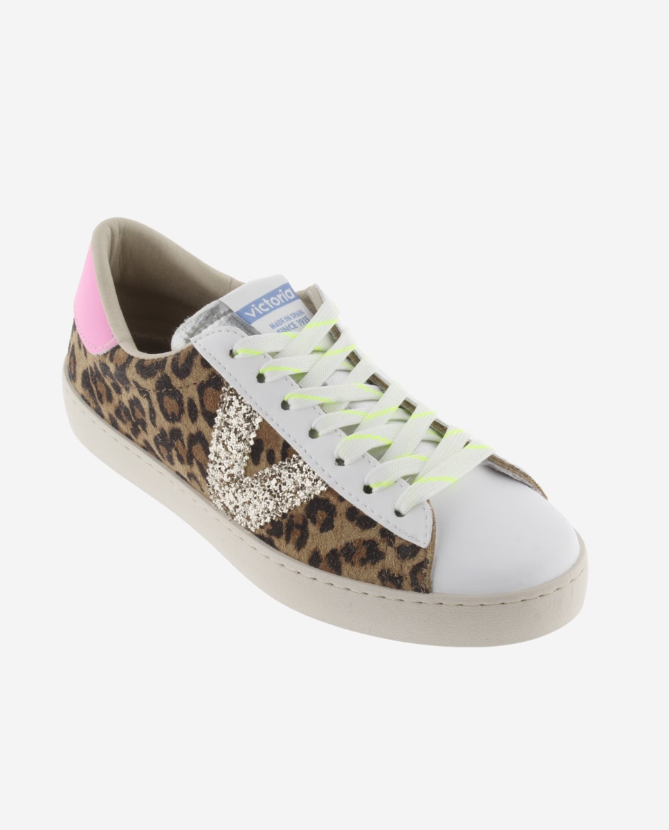 Zapatillas de serraje de mujer leopardo con logotipo de glitter y