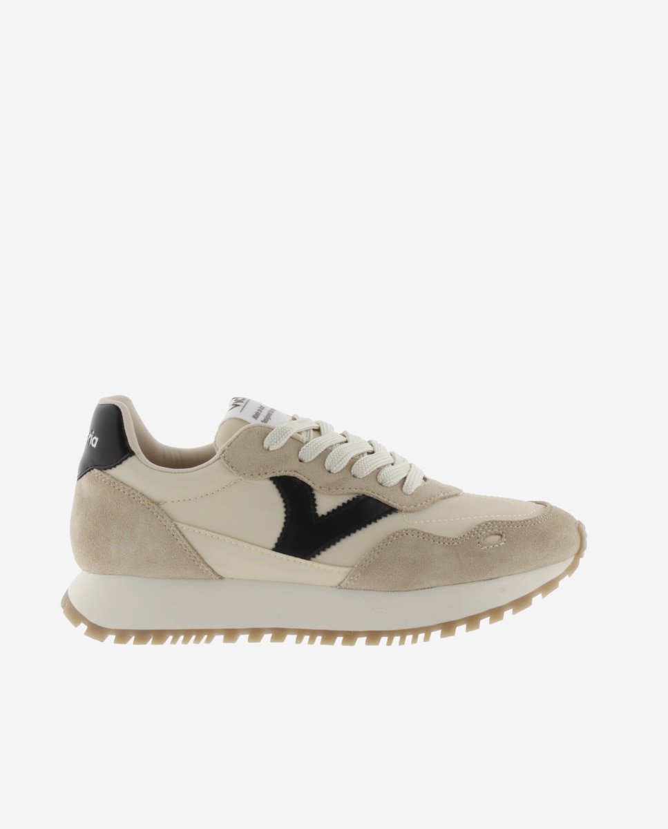 Zapatillas deportivas de mujer de nylon con piezas en contraste y de serraje al tono y suela dentada - Victoria - Beige Beige-1