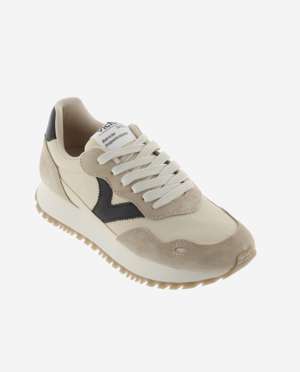 Zapatillas deportivas de mujer de nylon con piezas en contraste y de serraje al tono y suela dentada - Victoria - Beige Beige-3