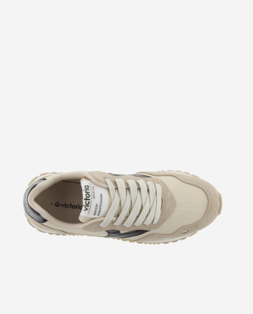 Zapatillas deportivas de mujer de nylon con piezas en contraste y de serraje al tono y suela dentada - Victoria - Beige Beige-4