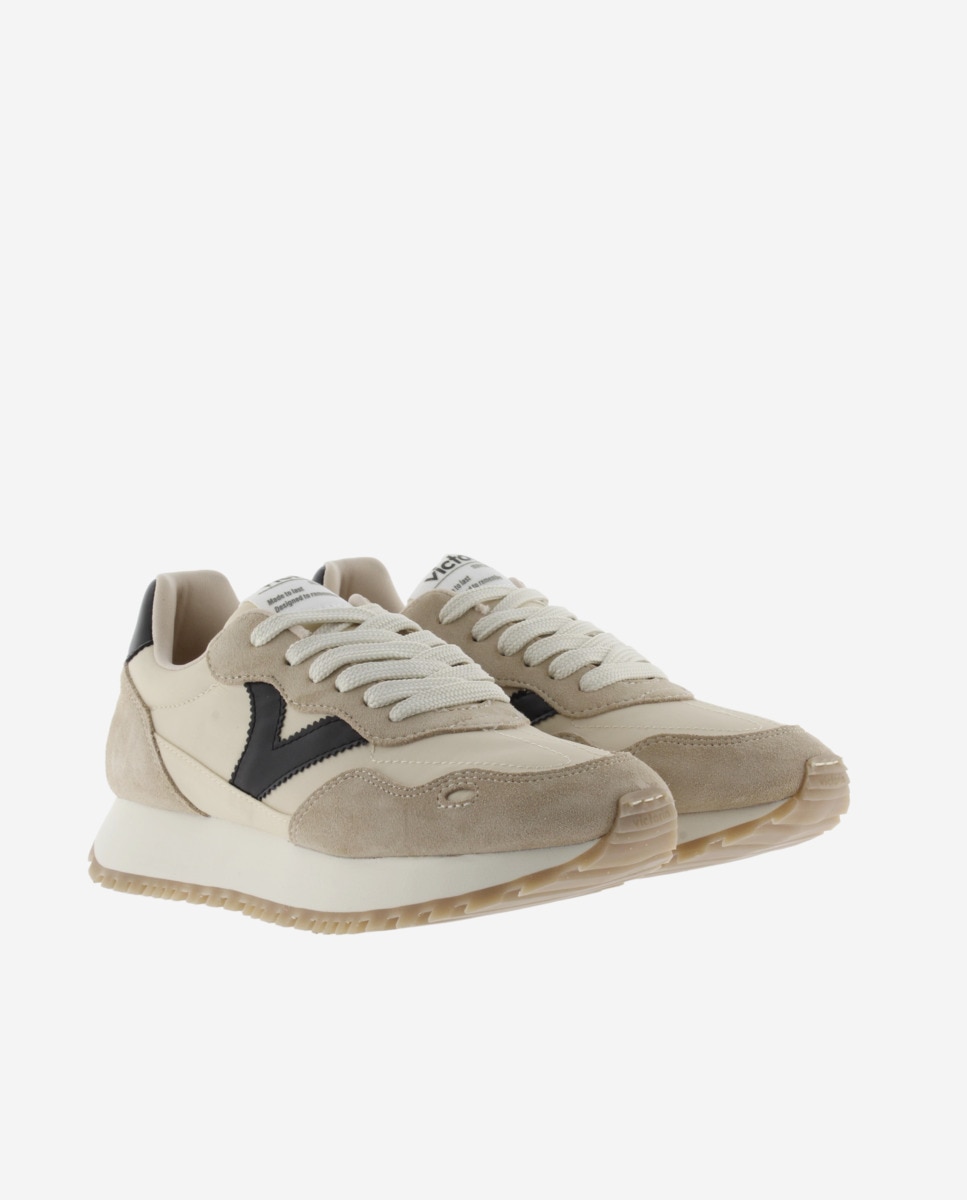 Zapatillas deportivas de mujer de nylon con piezas en contraste y de serraje al tono y suela dentada - Victoria - Beige Beige-5