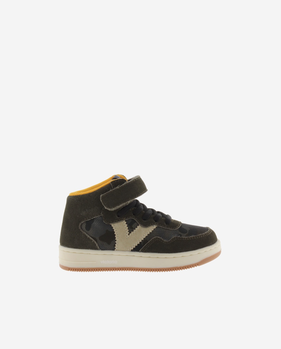 Zapatillas altas de niños con piezas de serraje y tira adherente - Victoria - Kaki Kaki-1