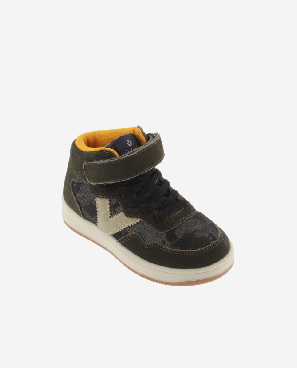 Zapatillas altas de niños con piezas de serraje y tira adherente - Victoria - Kaki Kaki-2