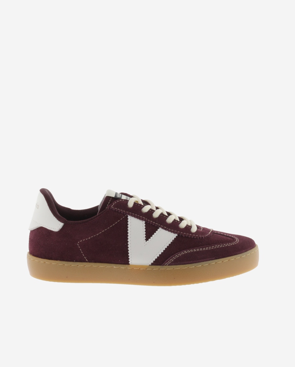 Zapatillas de serraje de mujer con piezas en contraste y suela color caramelo - Victoria - Burdeos Burdeos-1