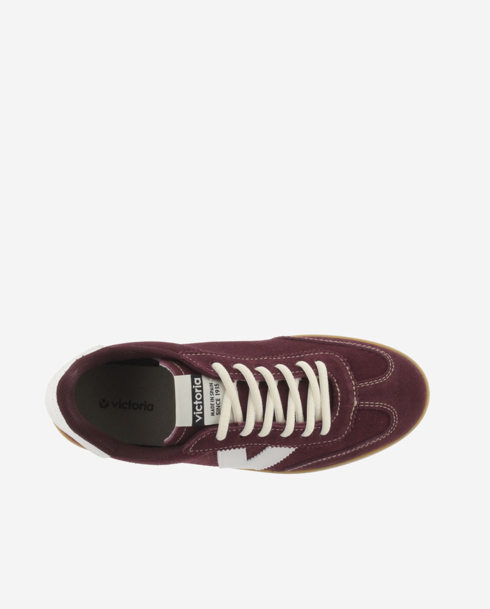 Zapatillas de serraje de mujer con piezas en contraste y suela color caramelo - Victoria - Burdeos Burdeos-4