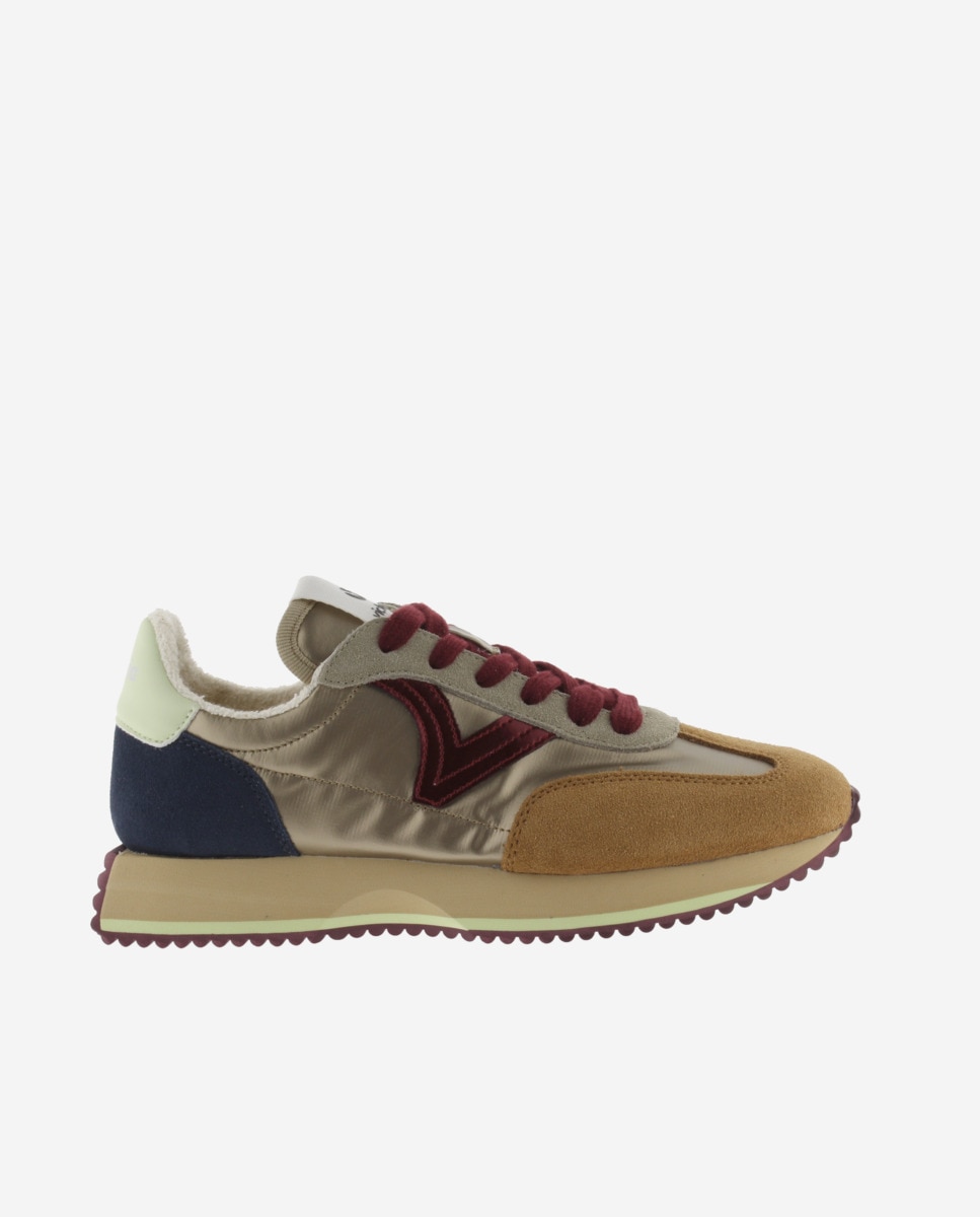 Zapatillas deportivas de mujer de nylon metalizado con piezas de serraje multicolor y suela en sierra - Victoria - Oro Oro-1