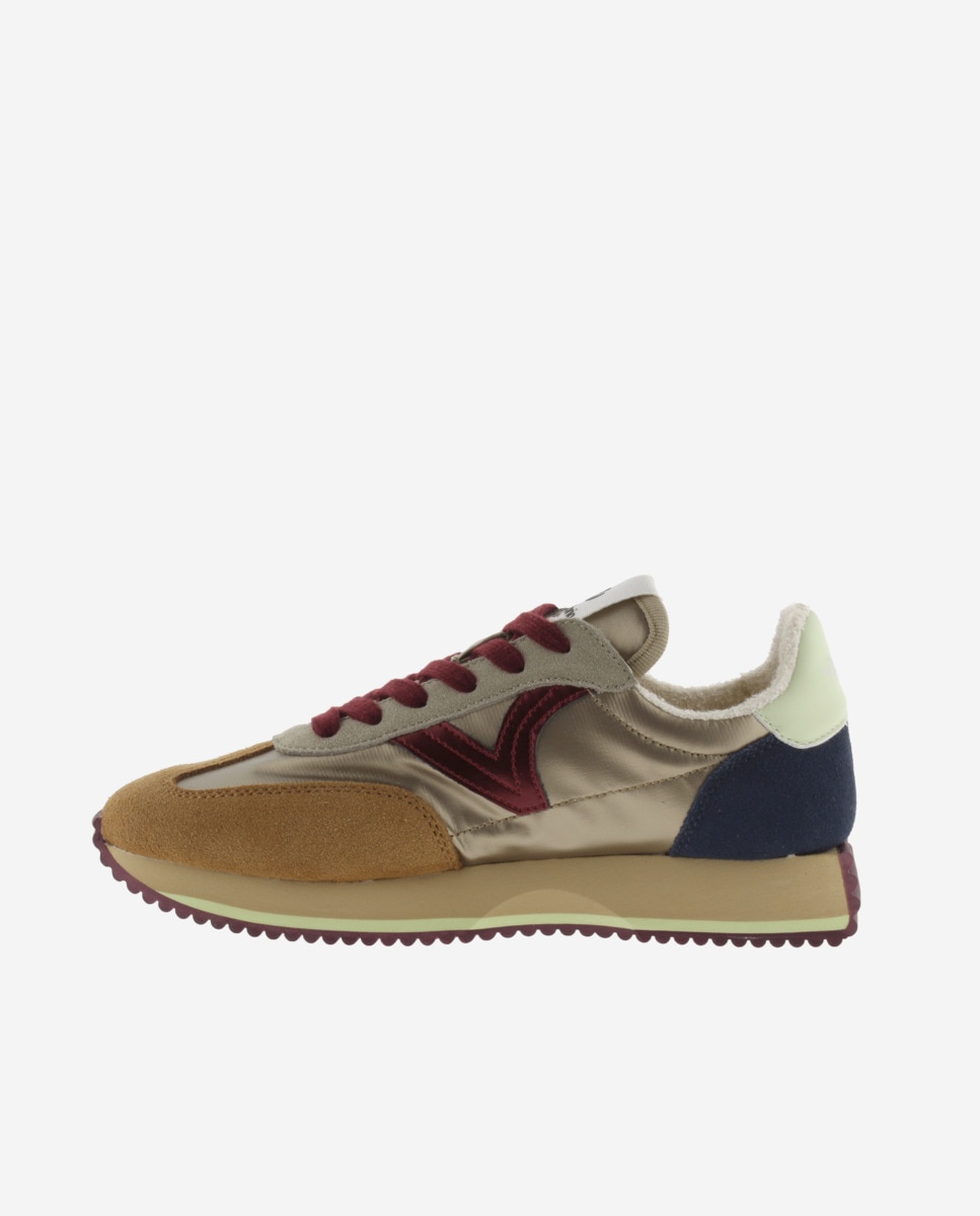 Zapatillas deportivas de mujer de nylon metalizado con piezas de serraje multicolor y suela en sierra - Victoria - Oro Oro-2