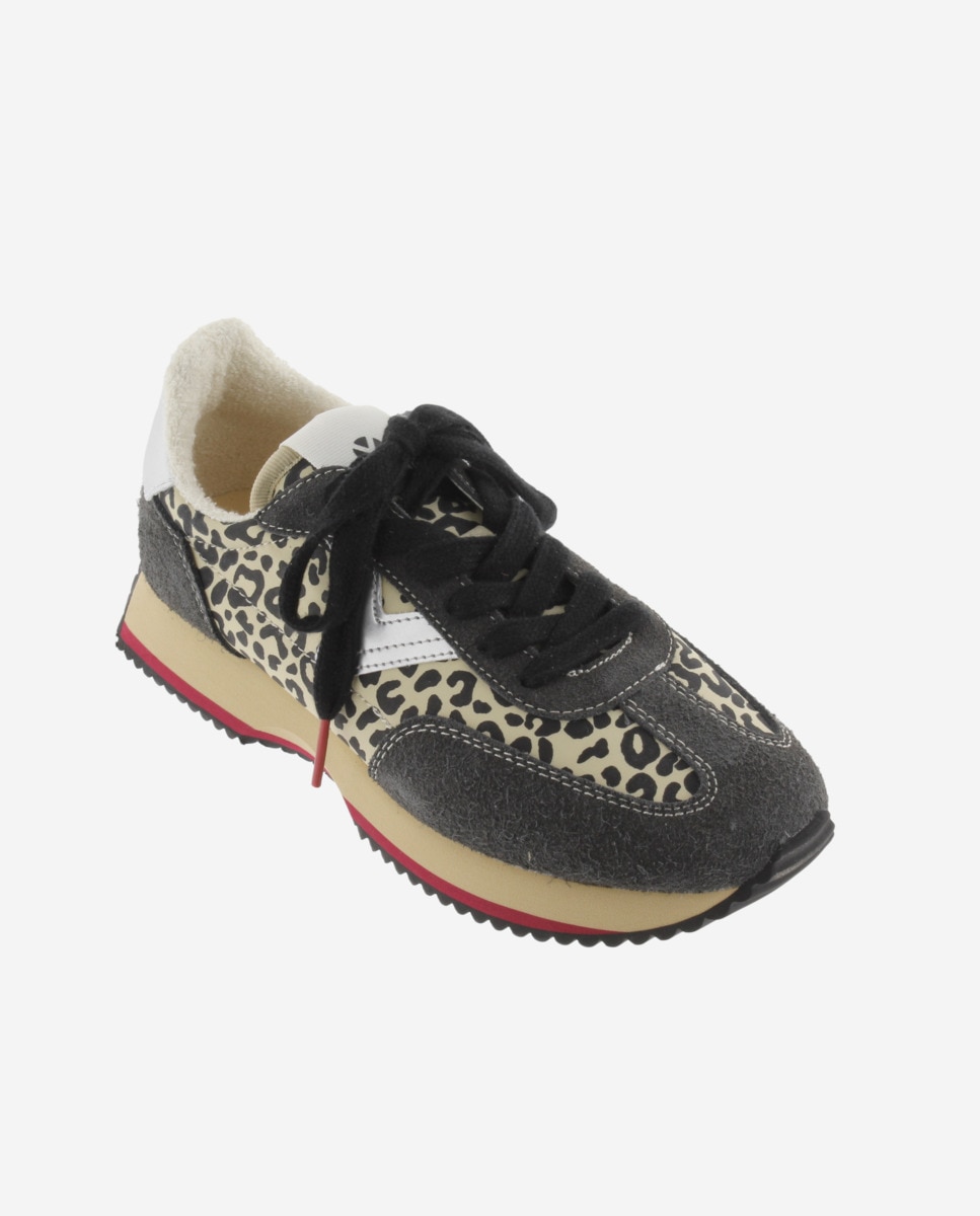 Zapatillas deportivas de mujer de nylon animal print con piezas de serraje y suela en sierra - Victoria - Negro Negro-3