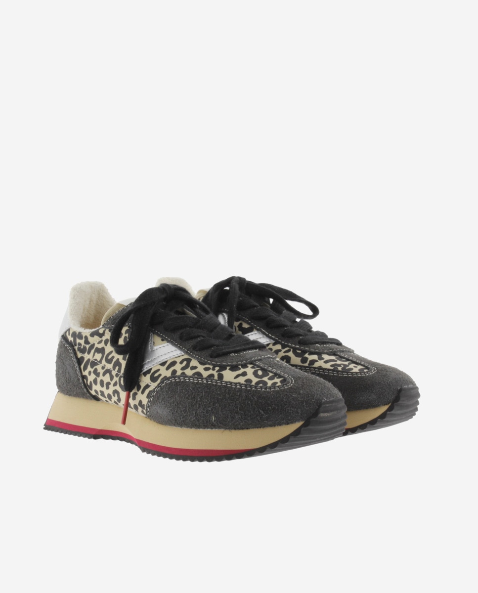 Zapatillas deportivas de mujer de nylon animal print con piezas de serraje y suela en sierra - Victoria - Negro Negro-5