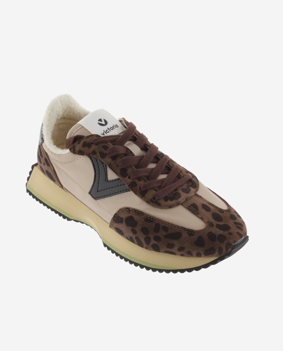Zapatillas deportivas de mujer de nylon animal print con piezas de serraje y suela en sierra - Victoria - Marrón chocolate Marrón chocolate-3