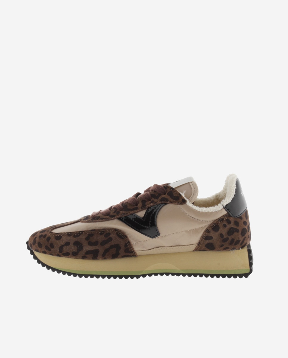 Zapatillas deportivas de mujer de nylon animal print con piezas de serraje y suela en sierra - Victoria - Marrón chocolate Marrón chocolate-2