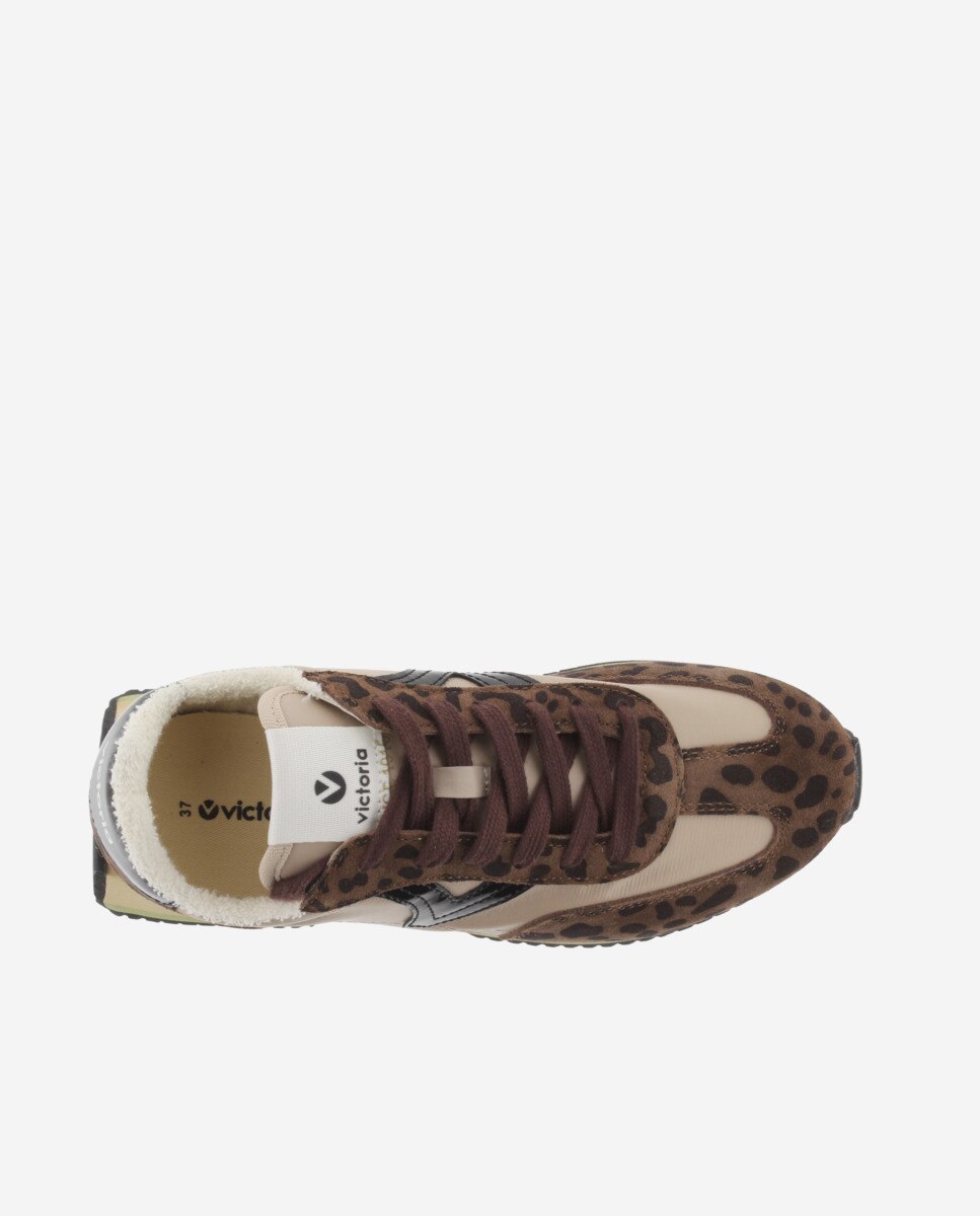 Zapatillas deportivas de mujer de nylon animal print con piezas de serraje y suela en sierra - Victoria - Marrón chocolate Marrón chocolate-4