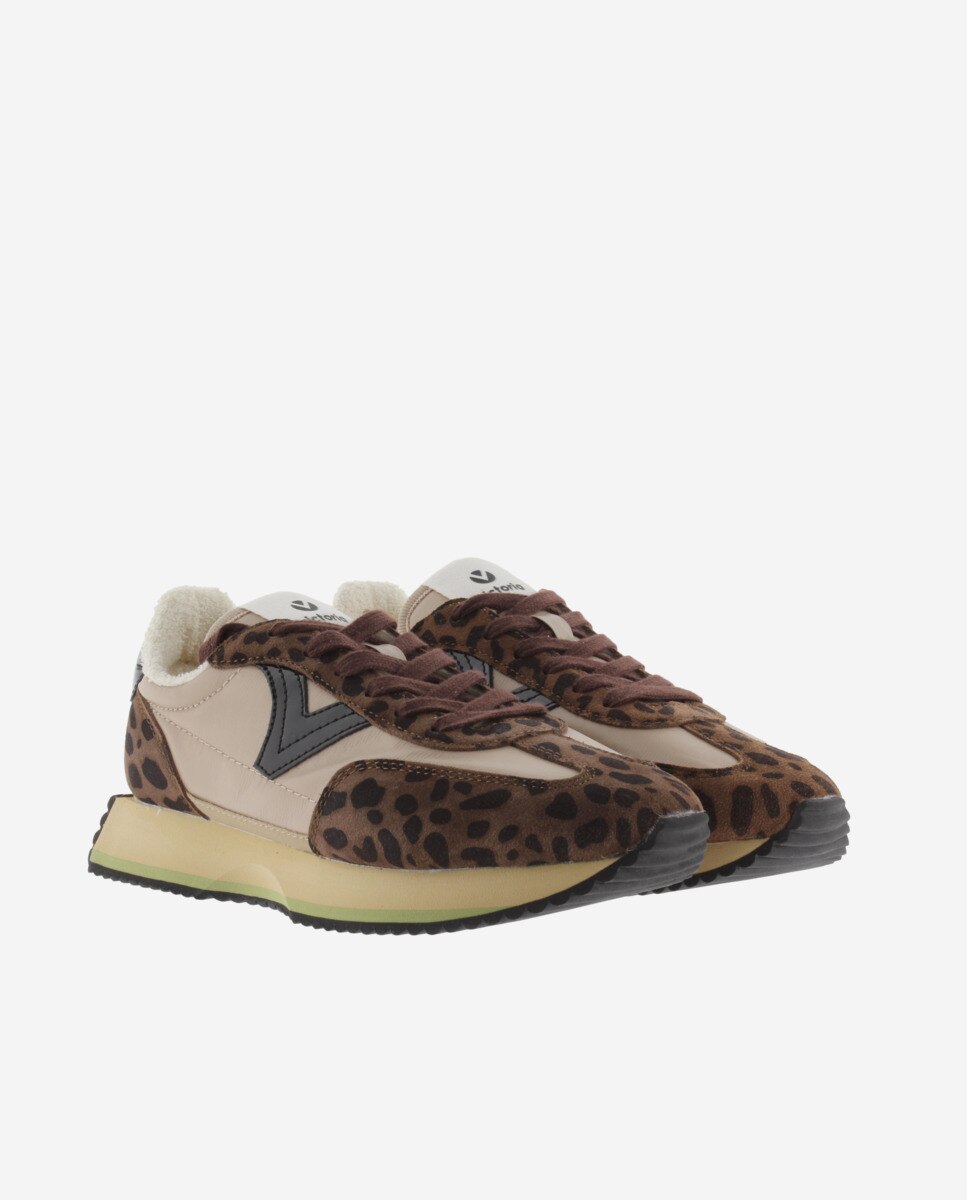 Zapatillas deportivas de mujer de nylon animal print con piezas de serraje y suela en sierra - Victoria - Marrón chocolate Marrón chocolate-5