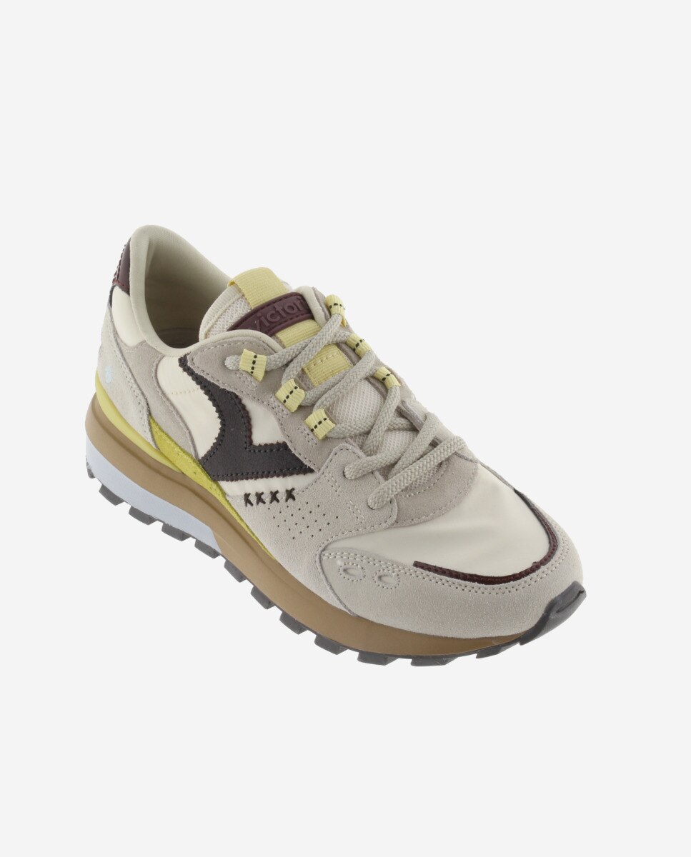 Zapatillas deportivas de mujer de nylon con piezas de serraje y suela dentada - Victoria - Beige Beige-3