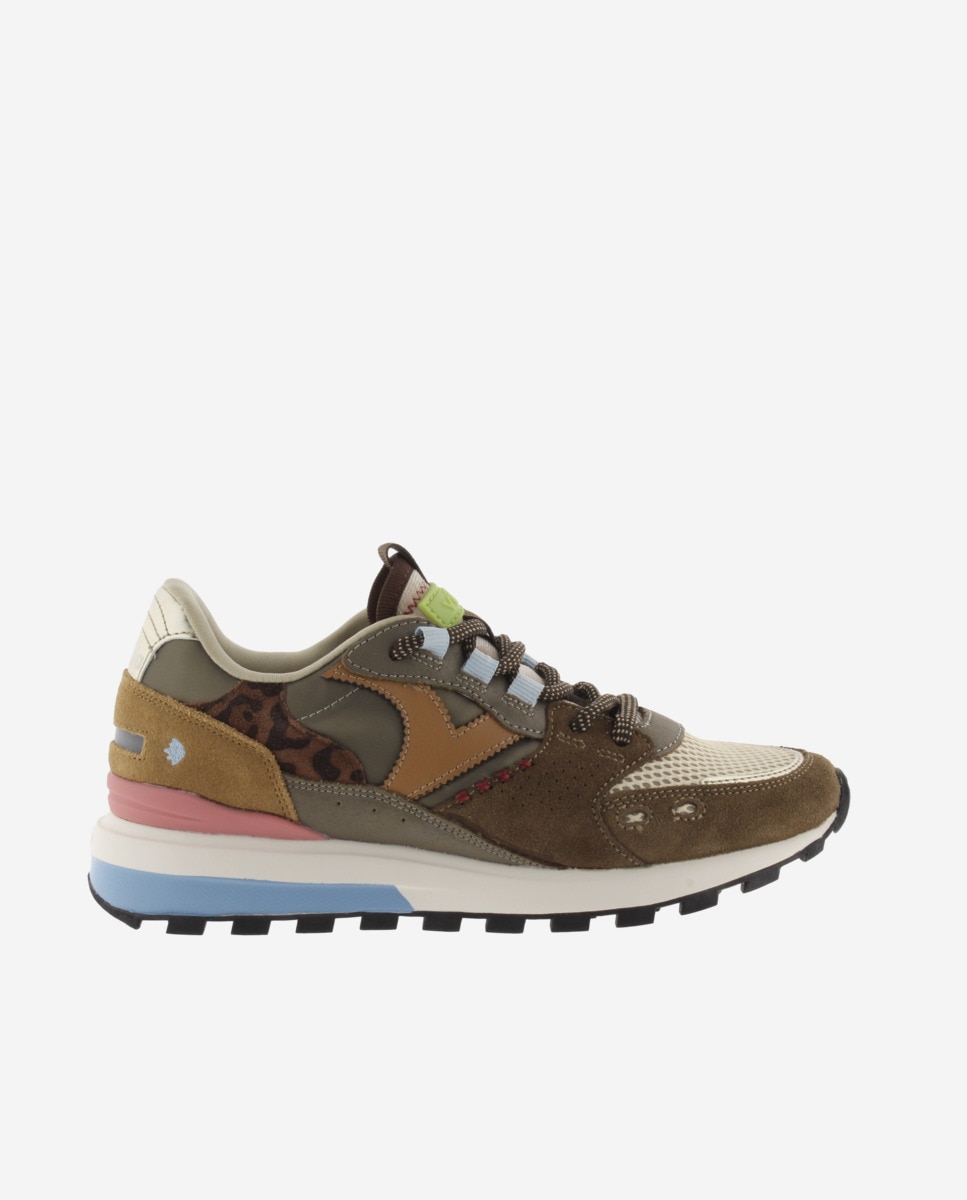 Zapatillas deportivas de mujer de nylon con piezas de serraje y suela dentada - Victoria - Marrón chocolate Marrón chocolate-1