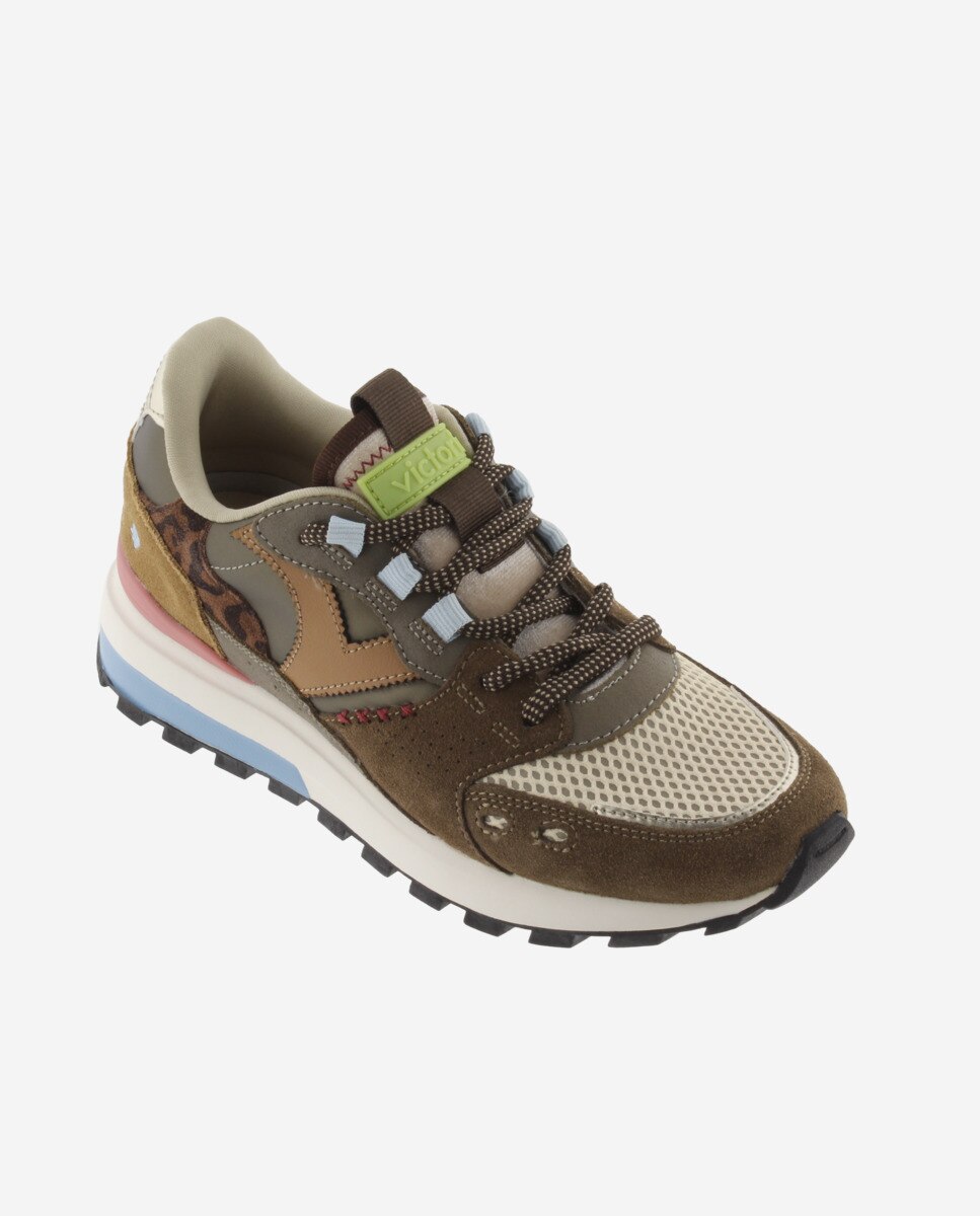 Zapatillas deportivas de mujer de nylon con piezas de serraje y suela dentada - Victoria - Marrón chocolate Marrón chocolate-3