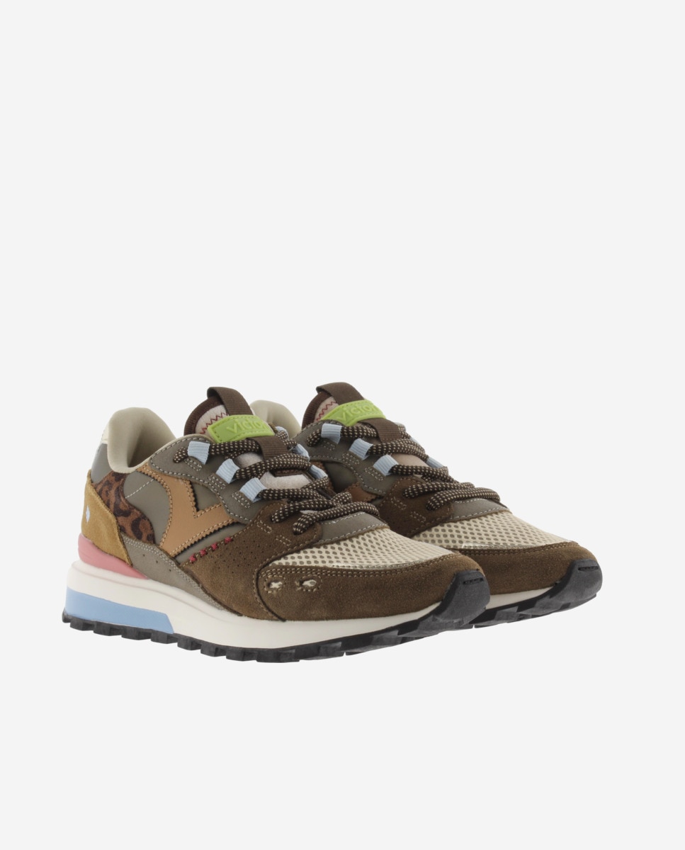 Zapatillas deportivas de mujer de nylon con piezas de serraje y suela dentada - Victoria - Marrón chocolate Marrón chocolate-5
