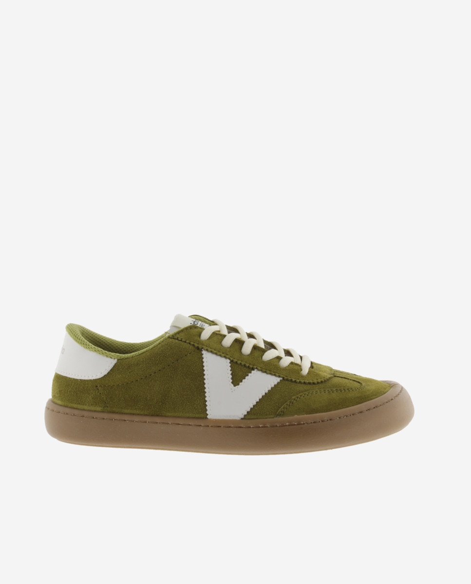 Zapatillas deportivas unisex barefoot de serraje con piezas en contraste y suela caramelo - Victoria - Verde Oliva Verde Oliva-1