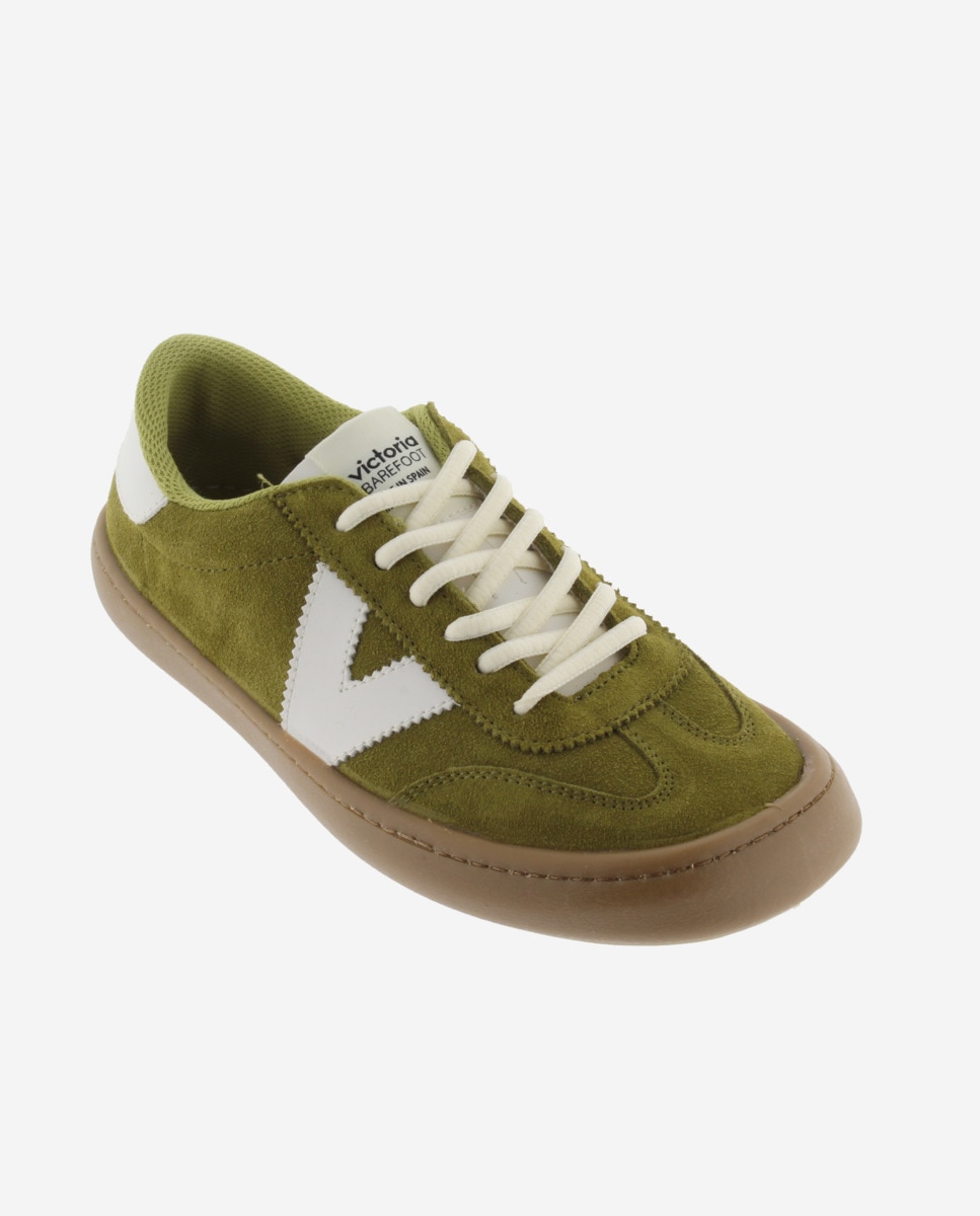 Zapatillas deportivas unisex barefoot de serraje con piezas en contraste y suela caramelo - Victoria - Verde Oliva Verde Oliva-3