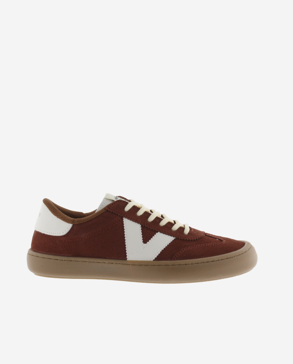 Zapatillas deportivas unisex barefoot de serraje con piezas en contraste y suela caramelo - Victoria - Terracota Terracota-1