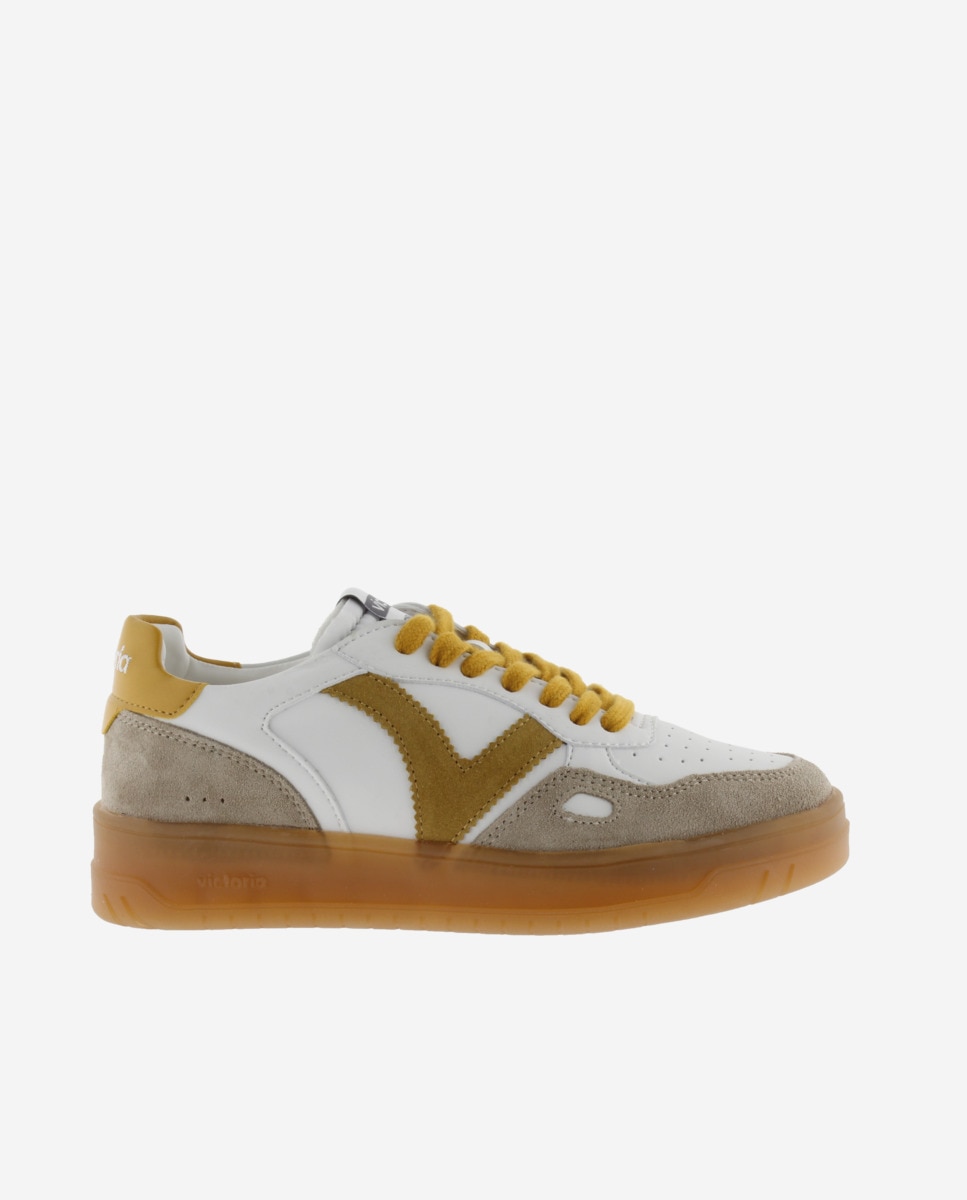 Zapatillas deportivas unisex con piezas de color y serraje y suela caramelo - Victoria - Mostaza Mostaza-1