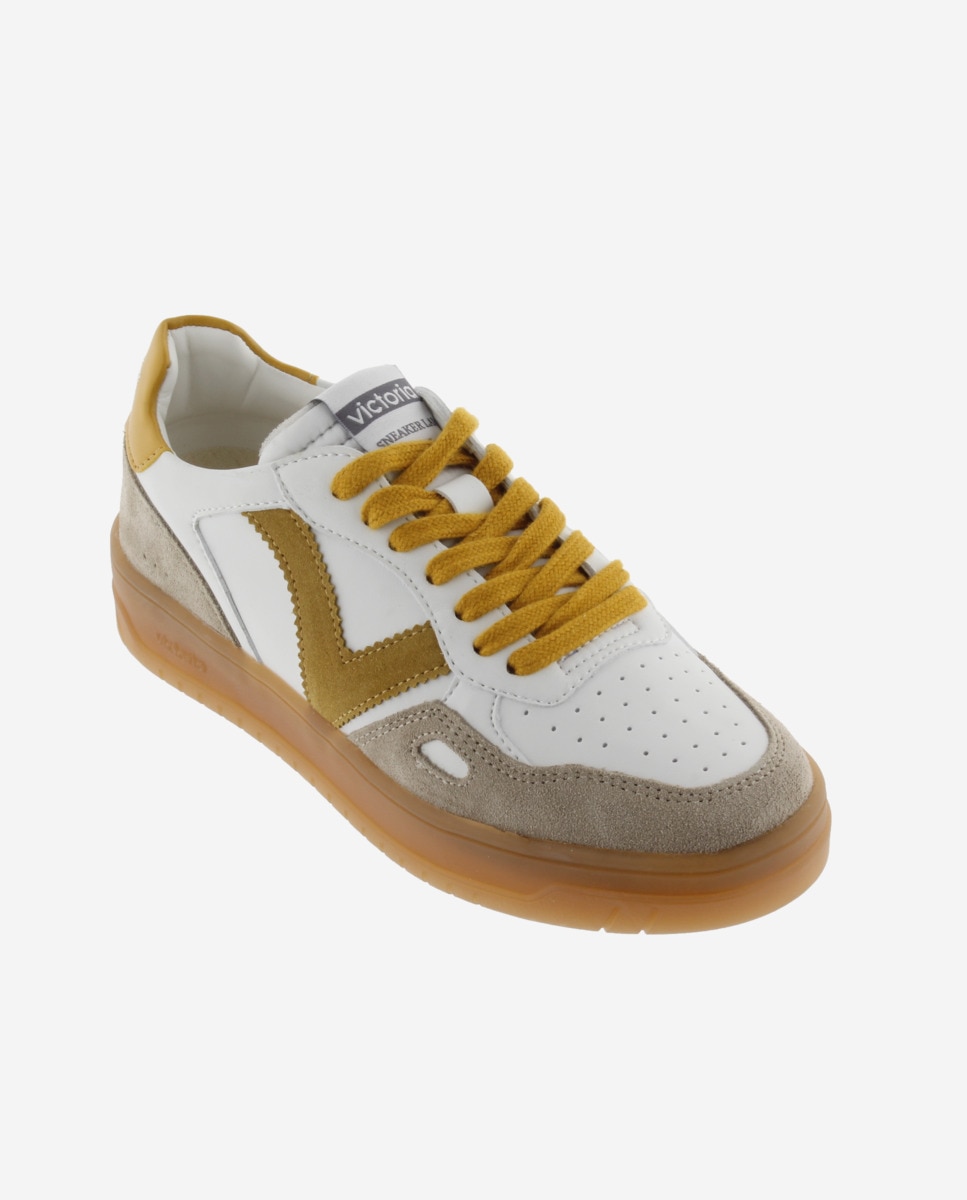Zapatillas deportivas unisex con piezas de color y serraje y suela caramelo - Victoria - Mostaza Mostaza-3