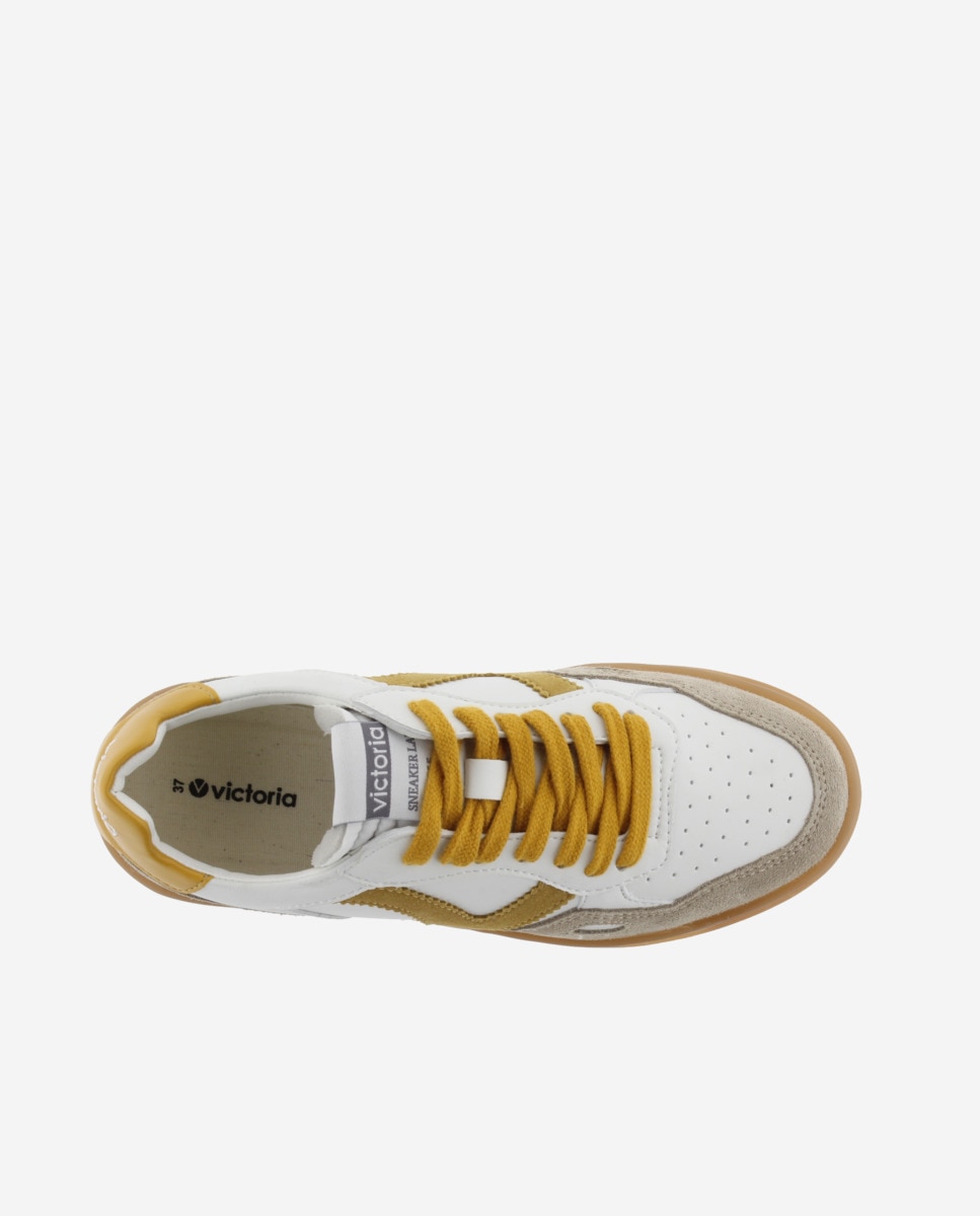 Zapatillas deportivas unisex con piezas de color y serraje y suela caramelo - Victoria - Mostaza Mostaza-4