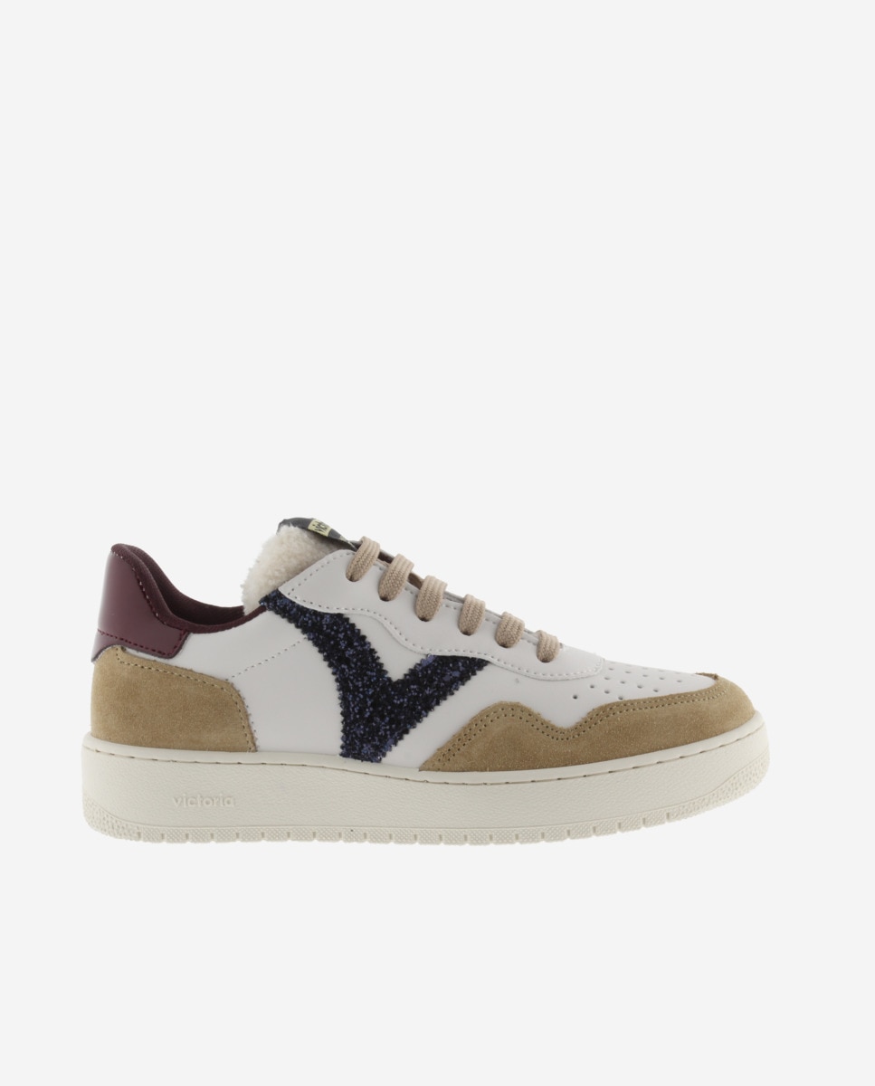 Zapatillas deportivas de mujer con piezas de serraje y logotipo de glitter - Victoria - Beige Beige-1