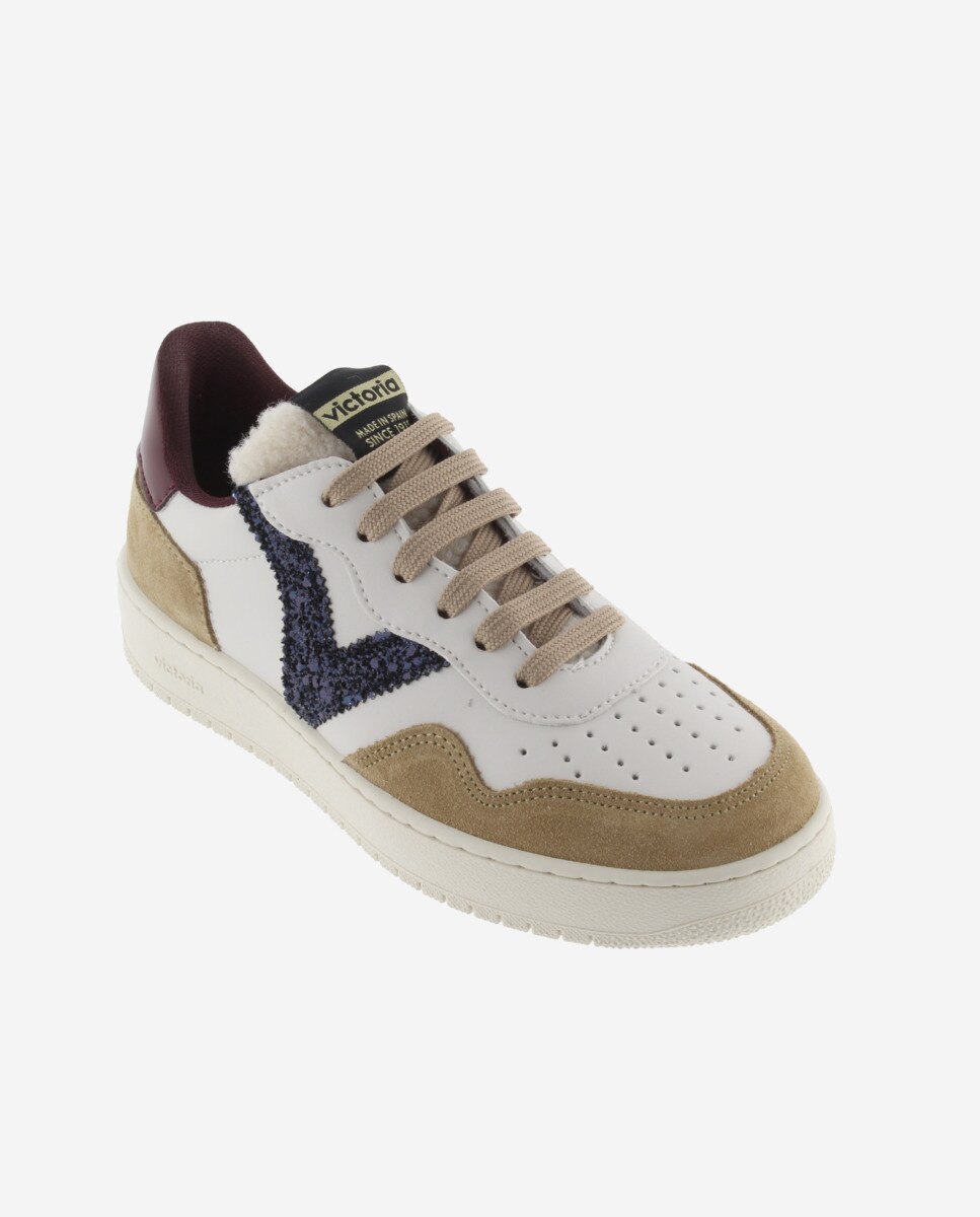 Zapatillas deportivas de mujer con piezas de serraje y logotipo de glitter - Victoria - Beige Beige-3