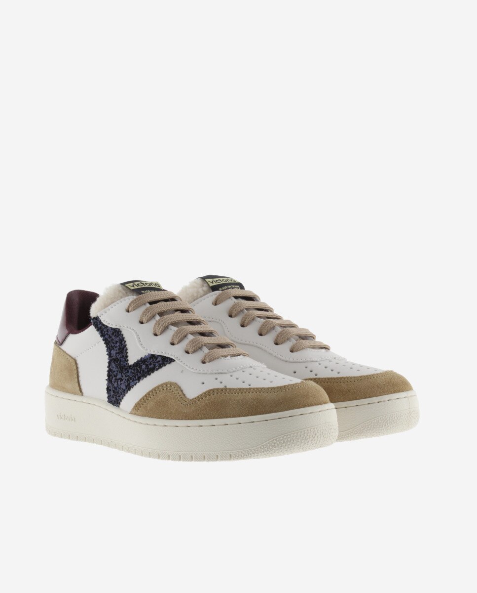 Zapatillas deportivas de mujer con piezas de serraje y logotipo de glitter - Victoria - Beige Beige-5