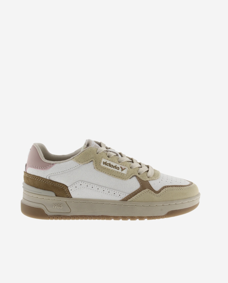 Imagen 1 de Zapatillas deportivas unisex de piel con piezas de color y serraje - Victoria - Beige Beige