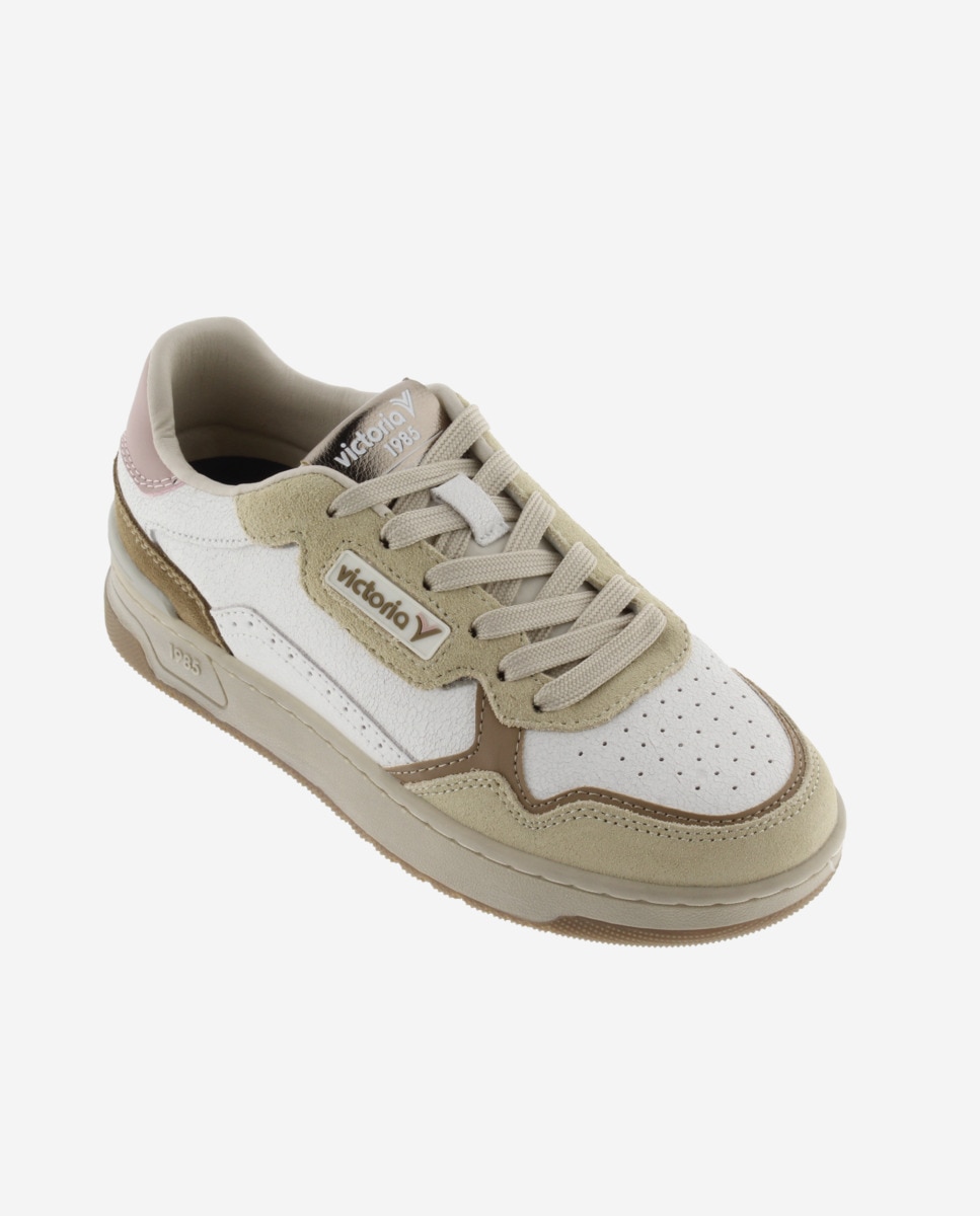 Imagen 3 de Zapatillas deportivas unisex de piel con piezas de color y serraje - Victoria - Beige Beige