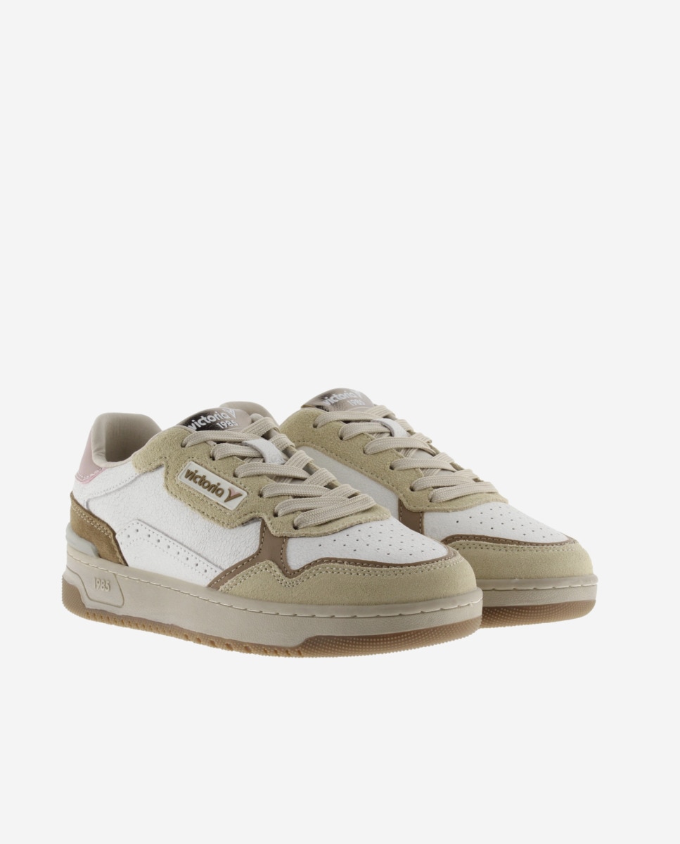 Imagen 5 de Zapatillas deportivas unisex de piel con piezas de color y serraje - Victoria - Beige Beige
