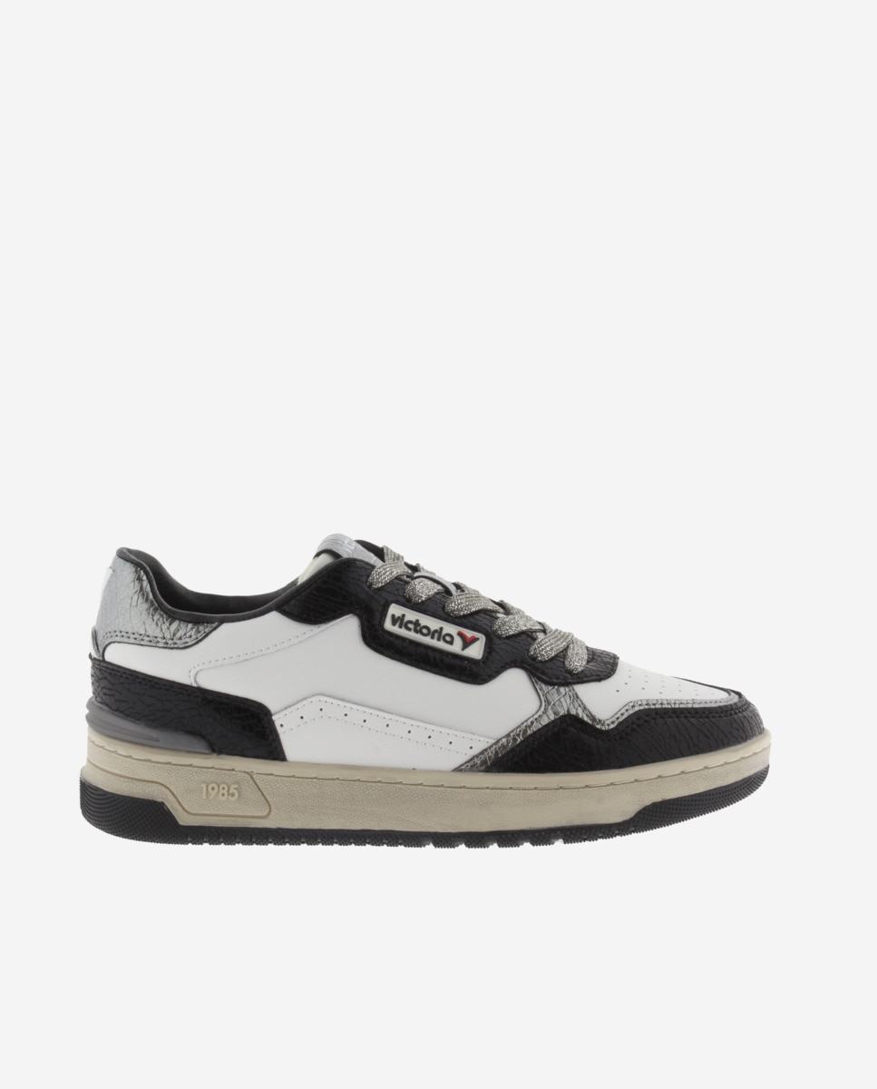 Zapatillas deportivas de mujer de piel con piezas metalizadas - Victoria - Negro Negro-1