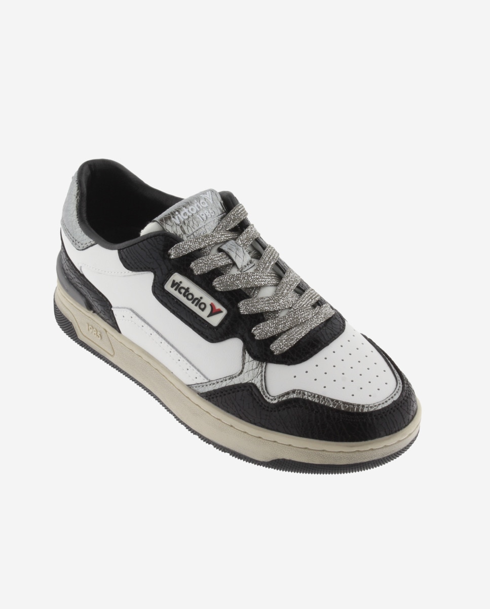 Zapatillas deportivas de mujer de piel con piezas metalizadas - Victoria - Negro Negro-3