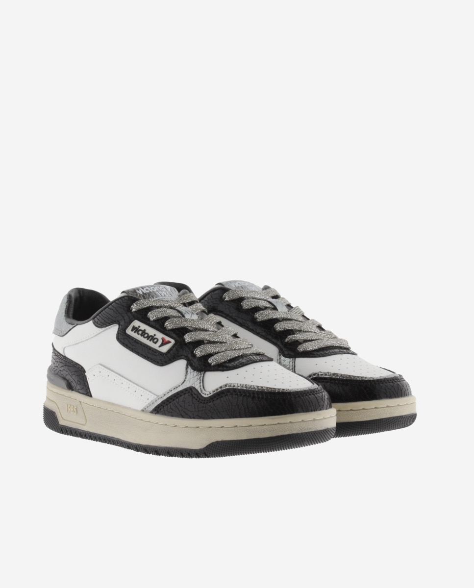 Zapatillas deportivas de mujer de piel con piezas metalizadas - Victoria - Negro Negro-5