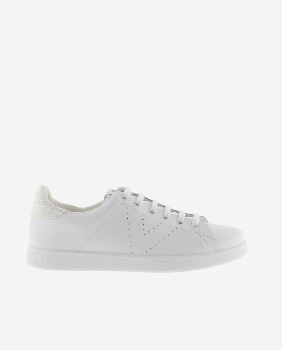 Zapatillas deportivas de mujer de piel con pieza trasera de glitter y logotipo perforado - Victoria - Blanco Blanco-1