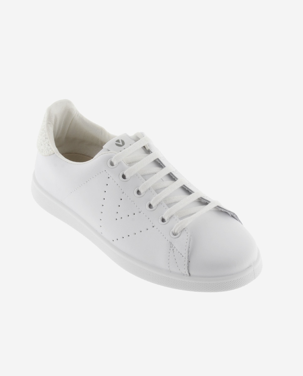 Zapatillas deportivas de mujer de piel con pieza trasera de glitter y logotipo perforado - Victoria - Blanco Blanco-3
