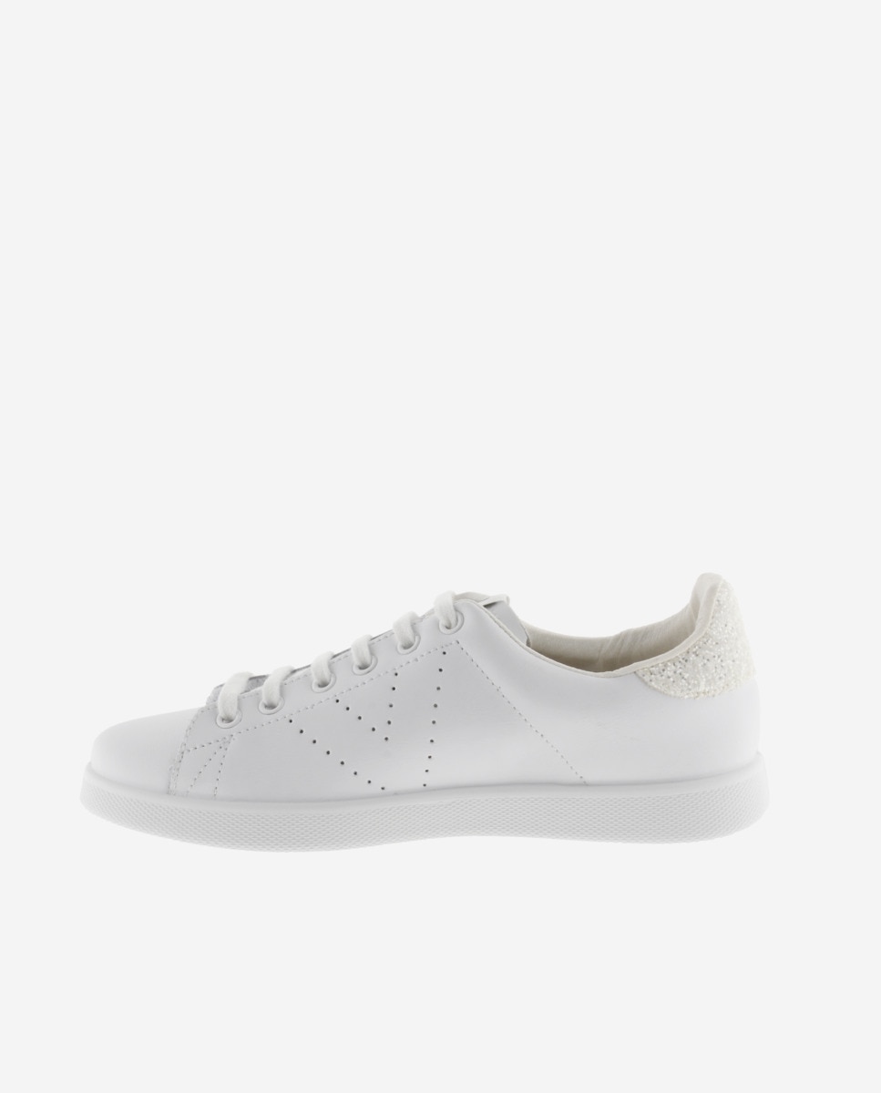 Zapatillas deportivas de mujer de piel con pieza trasera de glitter y logotipo perforado - Victoria - Blanco Blanco-2