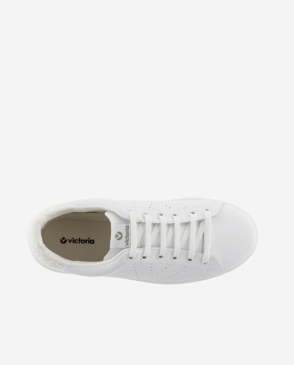 Zapatillas deportivas de mujer de piel con pieza trasera de glitter y logotipo perforado - Victoria - Blanco Blanco-4