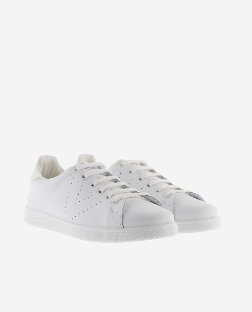 Zapatillas deportivas de mujer de piel con pieza trasera de glitter y logotipo perforado - Victoria - Blanco Blanco-5