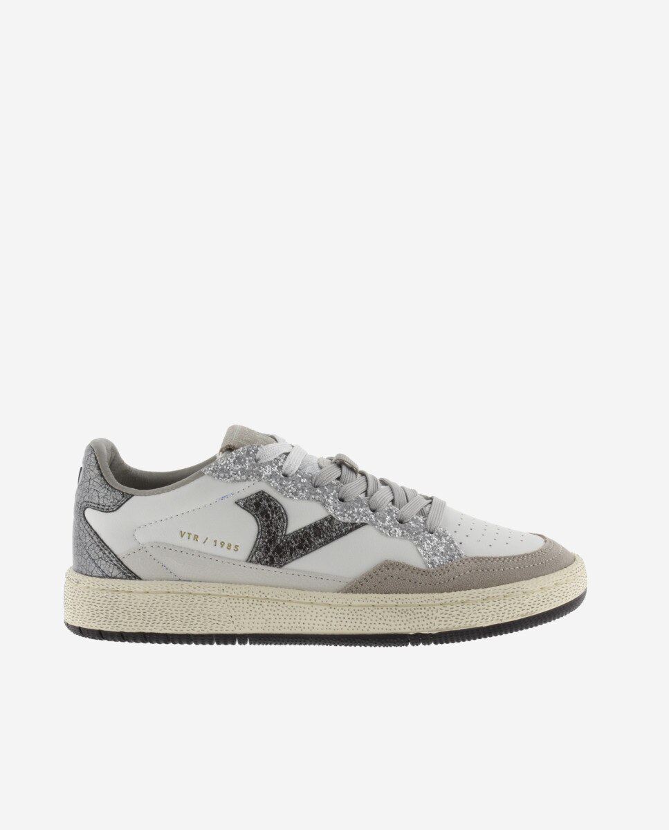 Zapatillas deportivas de mujer de piel con piezas de glitter y metalizadas - Victoria - Gris Gris-1