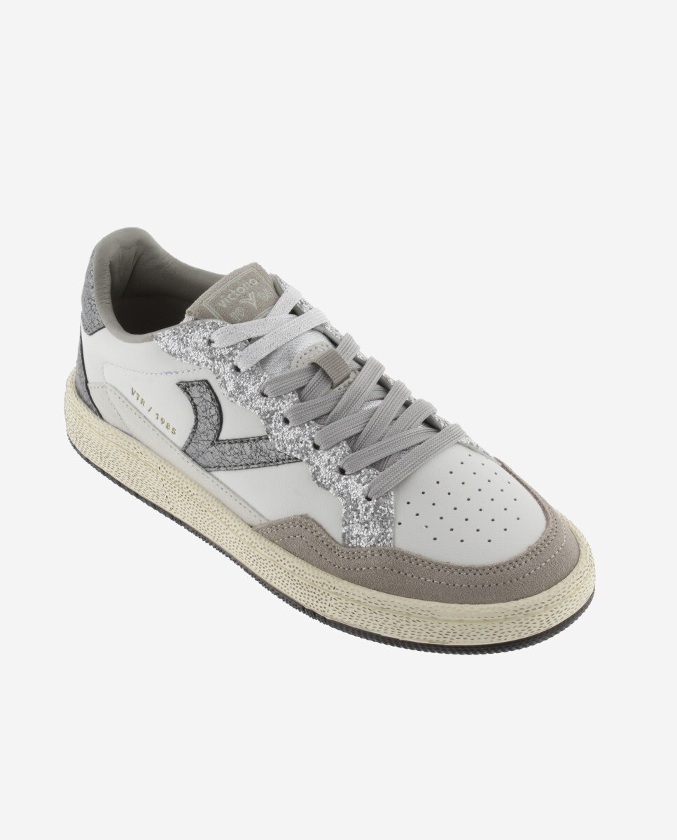 Zapatillas deportivas de mujer de piel con piezas de glitter y metalizadas - Victoria - Gris Gris-3