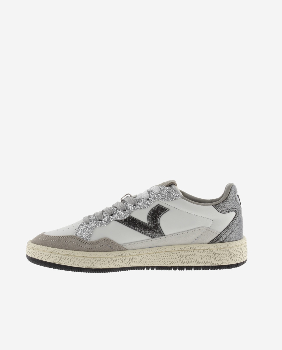 Zapatillas deportivas de mujer de piel con piezas de glitter y metalizadas - Victoria - Gris Gris-2