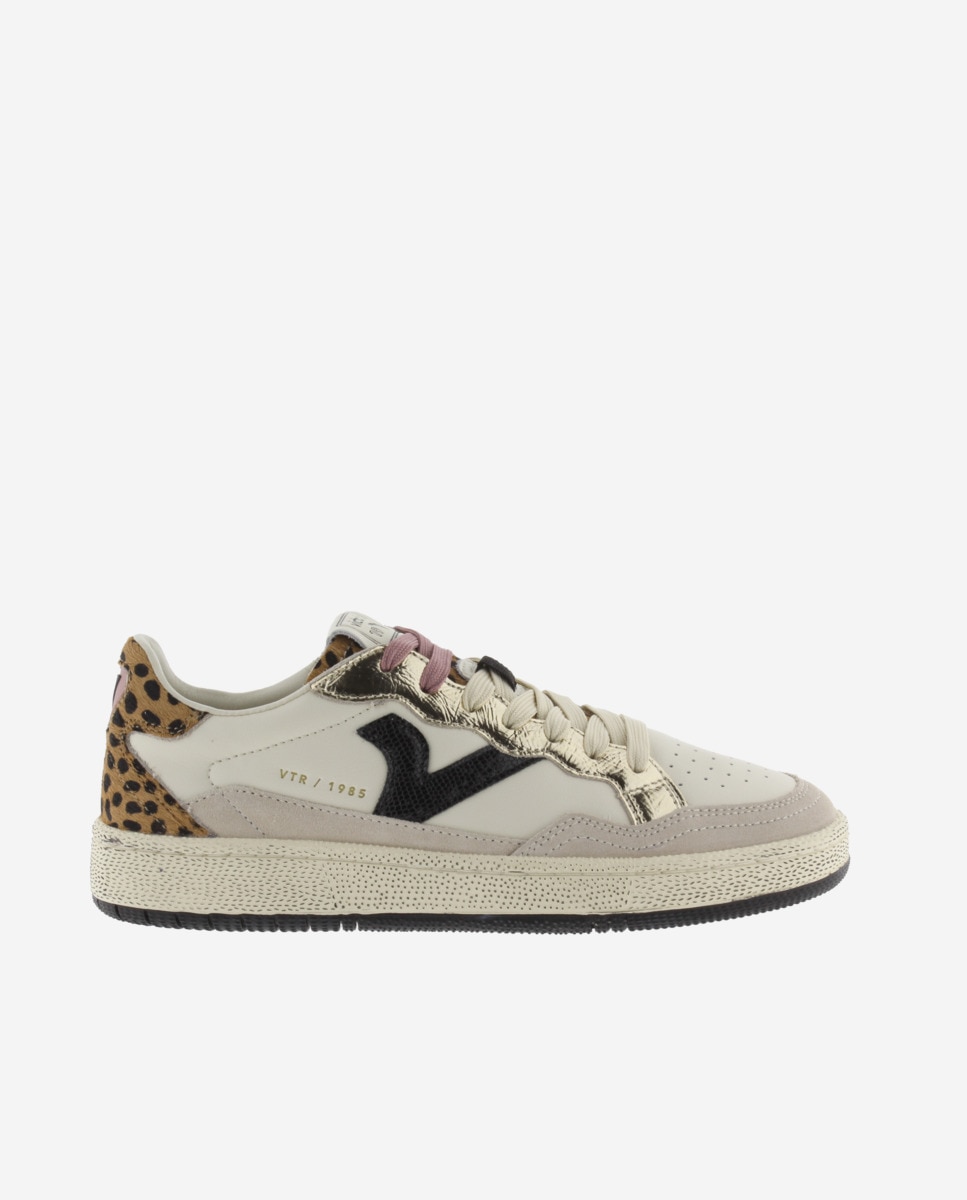 Zapatillas deportivas de mujer de piel con piezas animal print y metalizadas - Victoria - Crema Crema-1