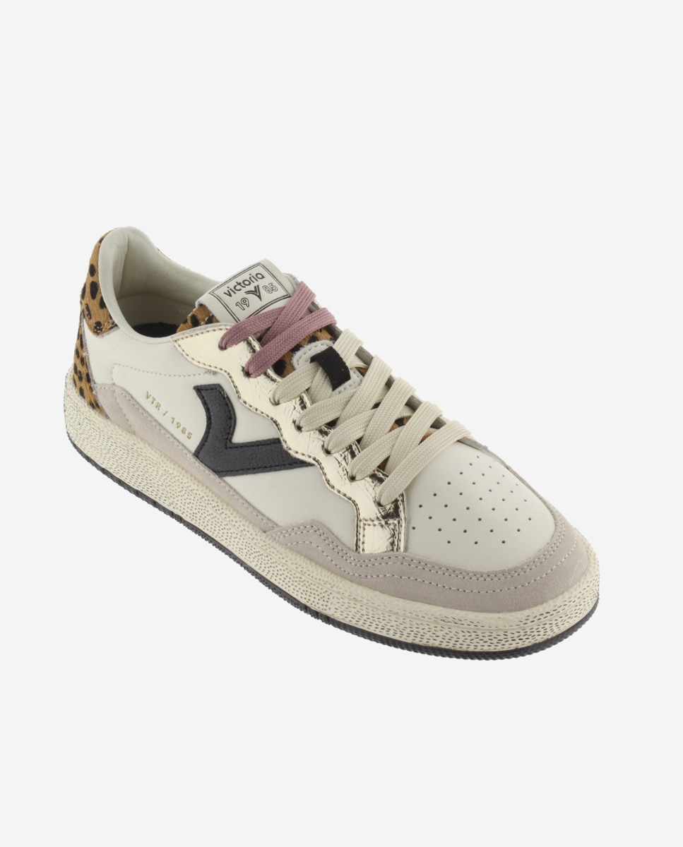 Zapatillas deportivas de mujer de piel con piezas animal print y metalizadas - Victoria - Crema Crema-3