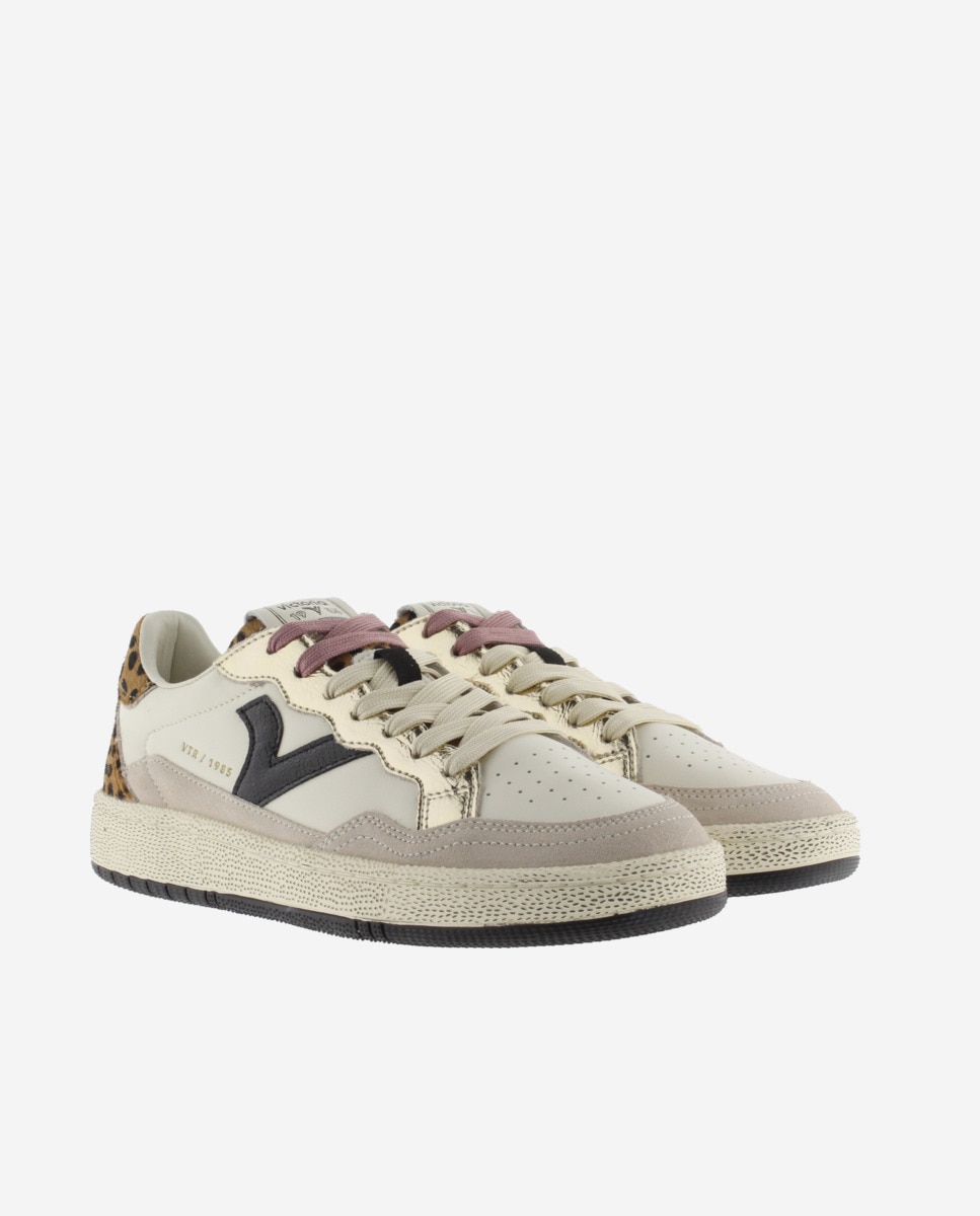 Zapatillas deportivas de mujer de piel con piezas animal print y metalizadas - Victoria - Crema Crema-5